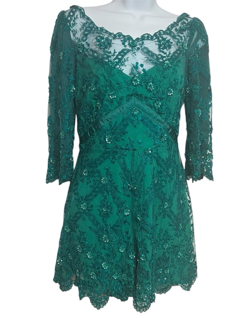 Free People Emerald Songbird Lace Embellished Sequin Romper Size 2 Cocktail